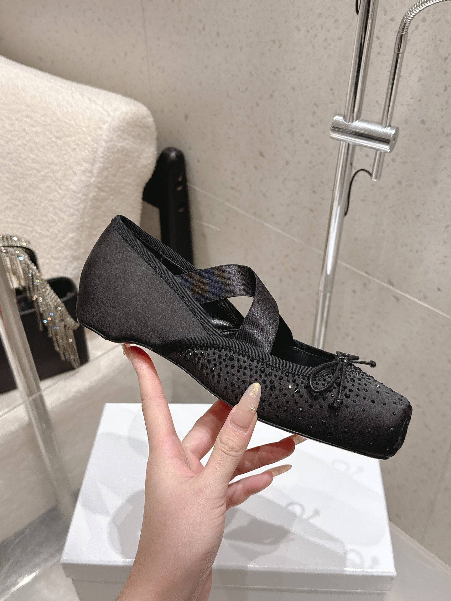 CL Ballet Butterfly Ballet Flats Diamond-Embellished Black Satin 610815
