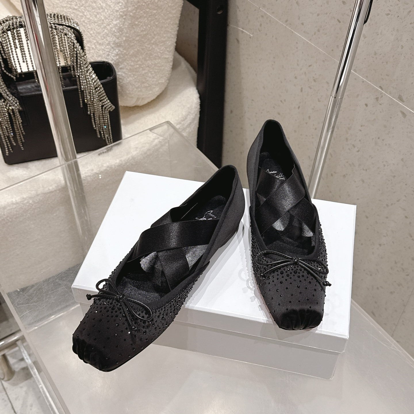 CL Ballet Butterfly Ballet Flats Diamond-Embellished Black Satin 610815