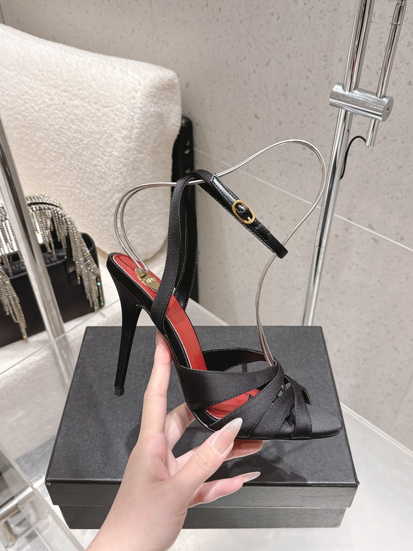 YSL Chandelle Sandals 10.5 Black Red Satin 610694