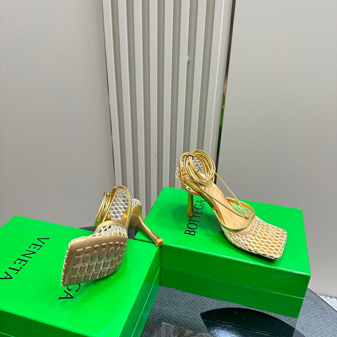 BV 26s Stretch High Heels 9cm Gold Metallize Mesh Leather
