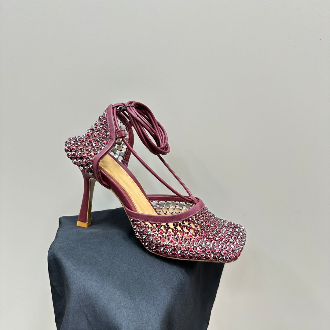 BV Stretch Crystal 9cm Sangria Red Metallize Mesh Leather