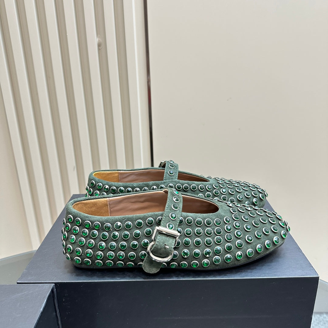 Alaia Strass Suede Ballet Flats In Dark Green 999318