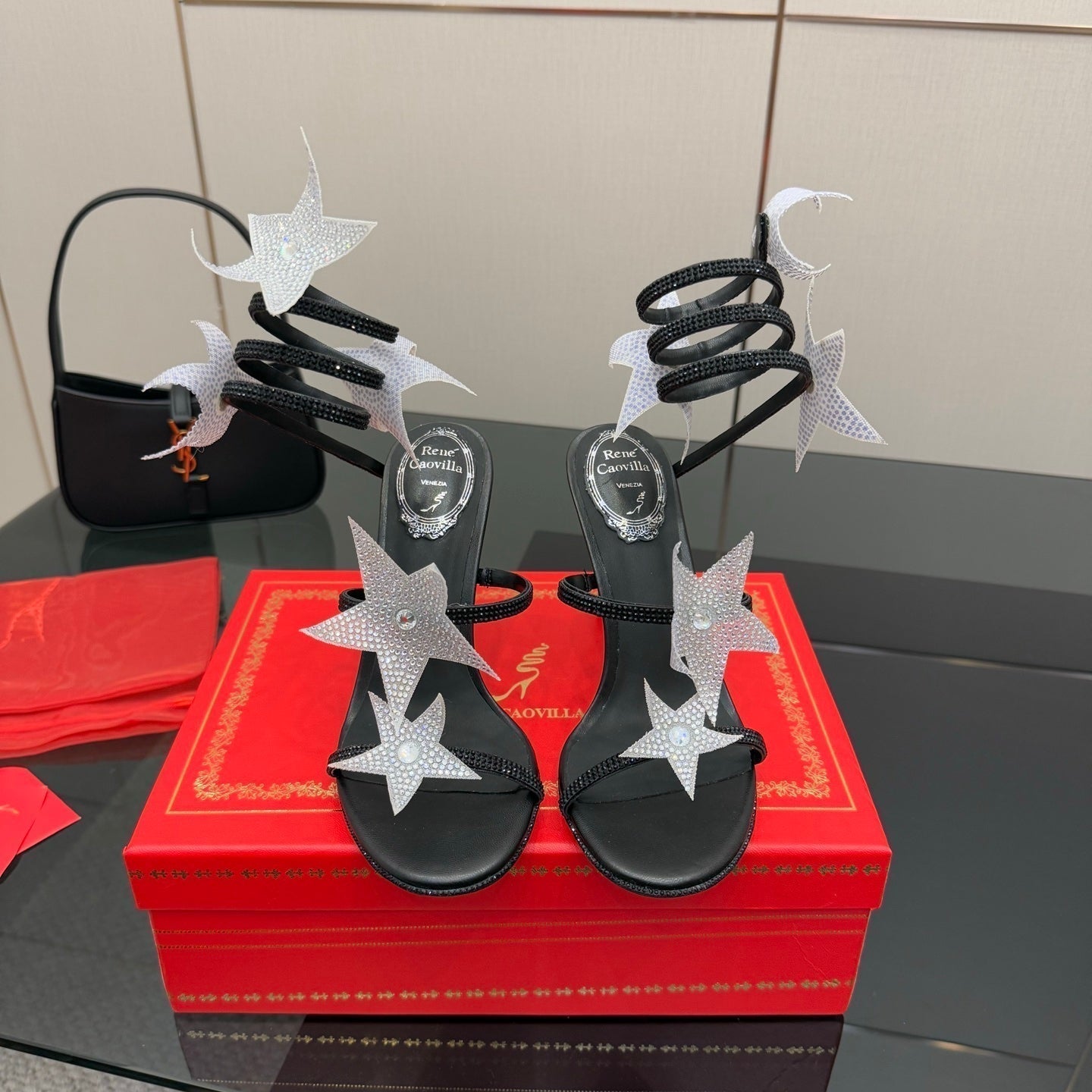RC Sandals 9.5cm Black Silver Rhinestone Silk 302582
