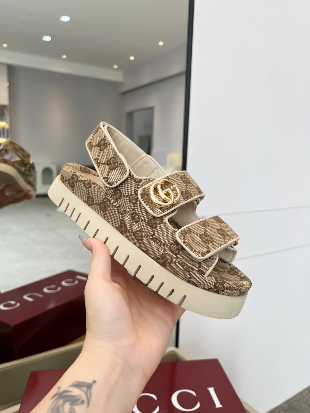 GG 26s Velcro Strap Sandals In Beige And Dark Brown Monogram Canvas Gold Hardware
