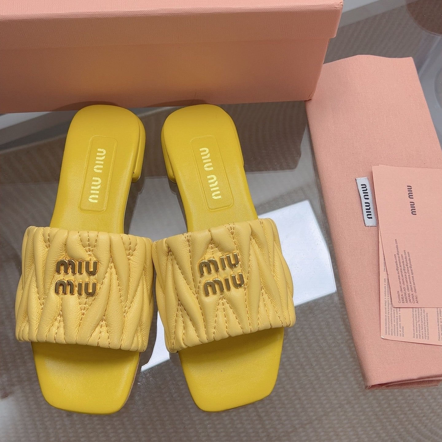 Miu Matelassé Slides Yellow Leather 739550