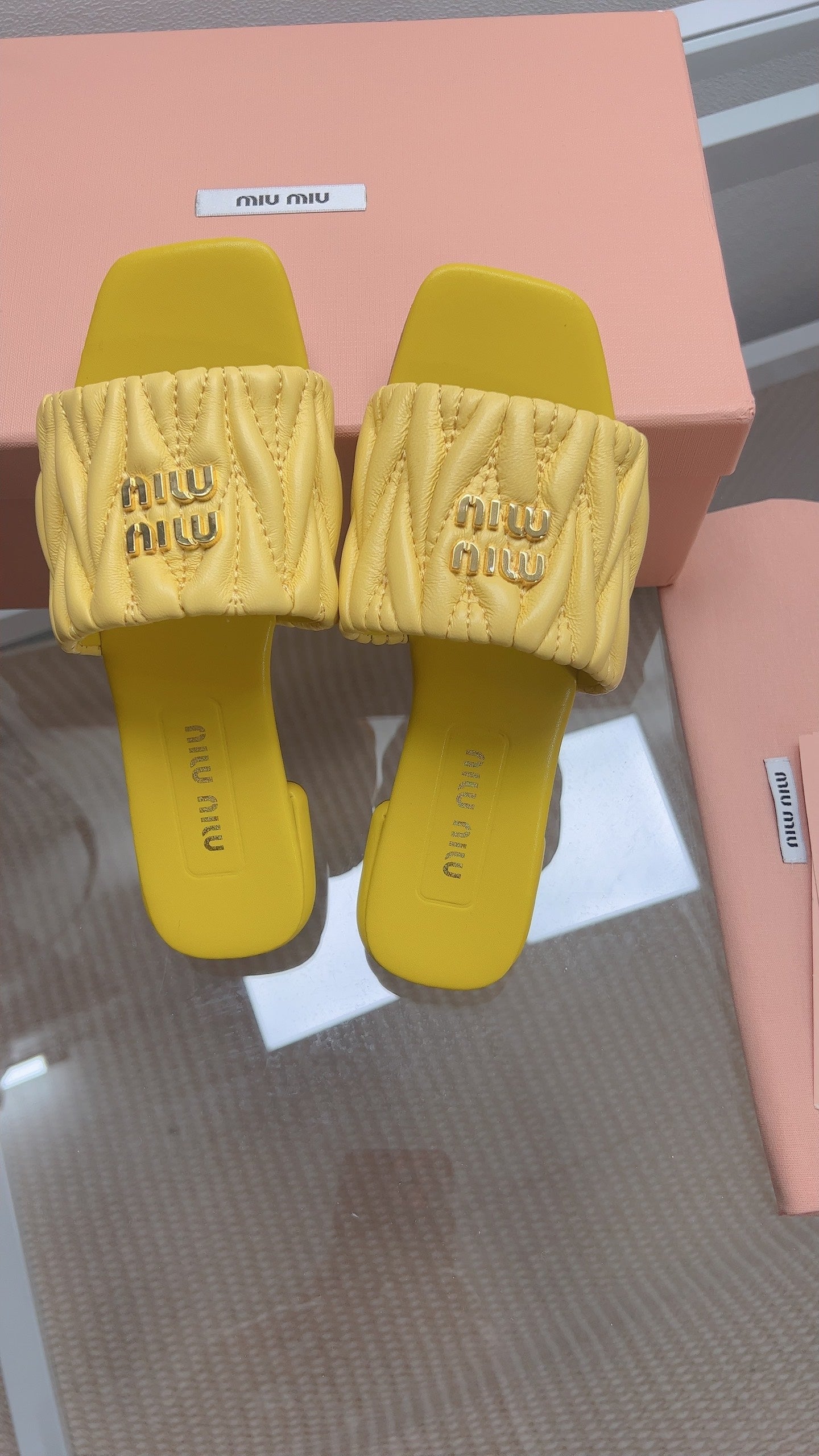 Miu Matelassé Slides Yellow Leather 739550