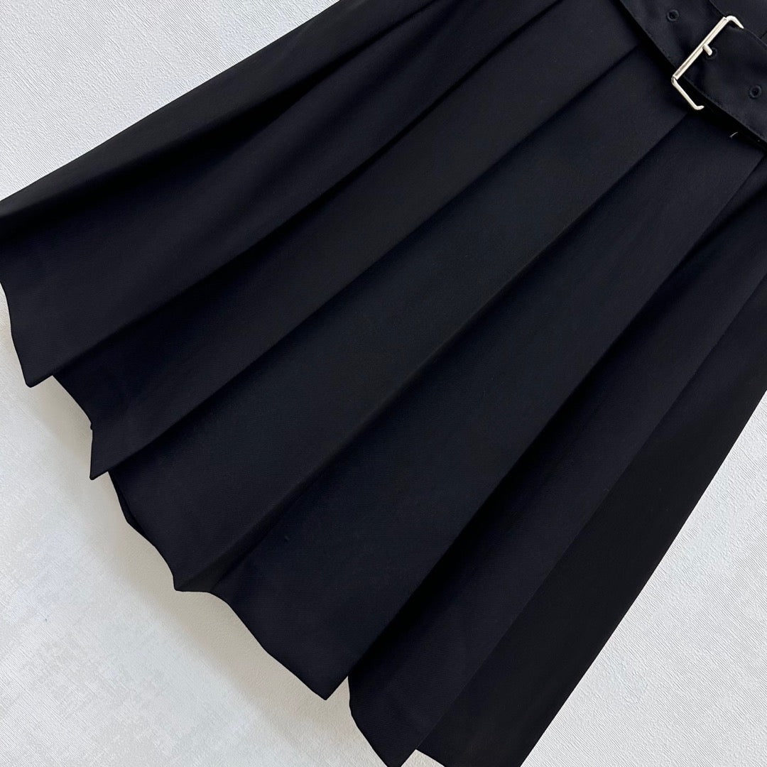 Prada Belted Pleated Midi Skirt Black Polyester 350159
