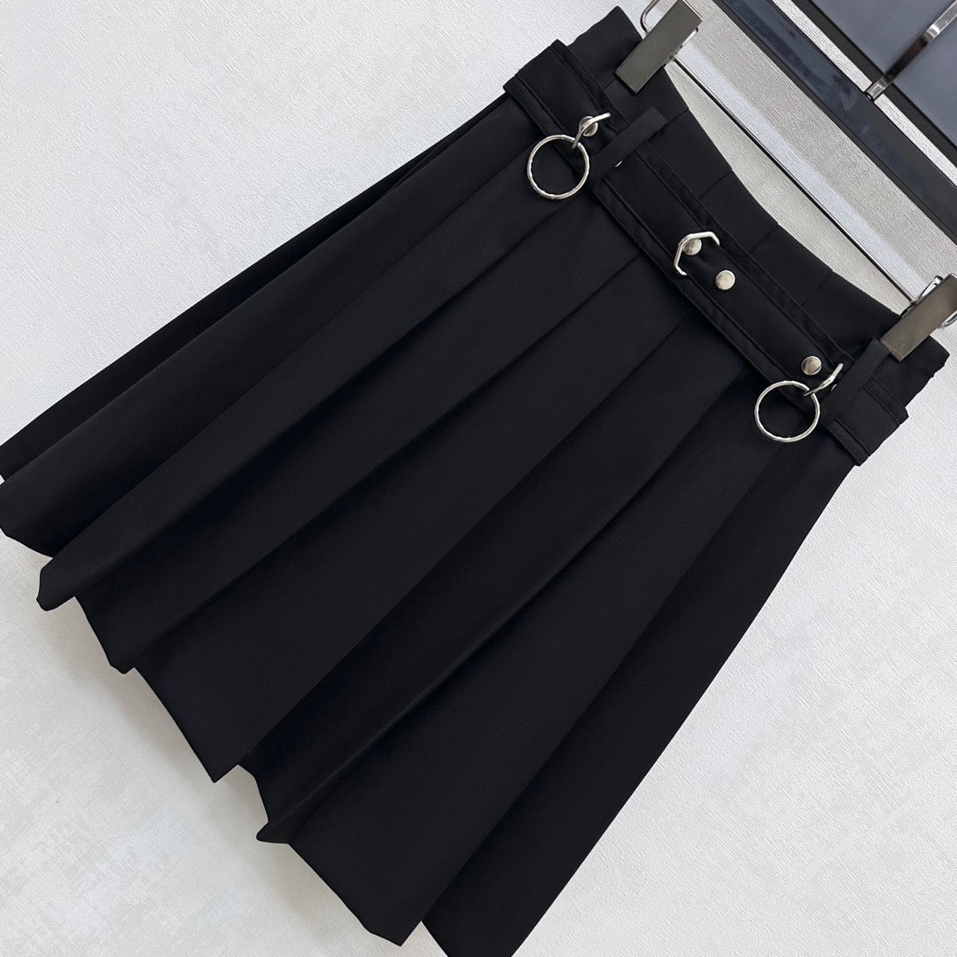 Prada Belted Pleated Midi Skirt Black Polyester 350159