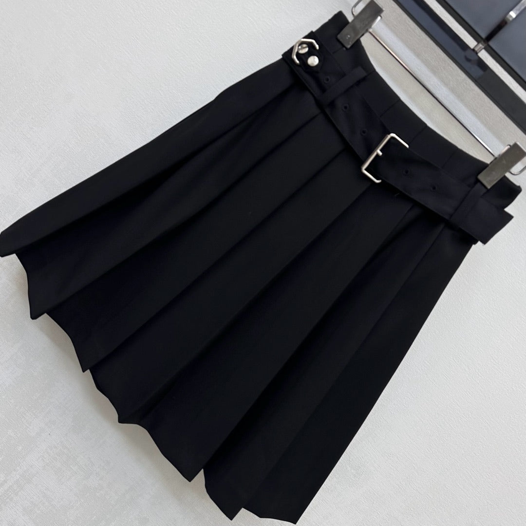 Prada Belted Pleated Midi Skirt Black Polyester 350159