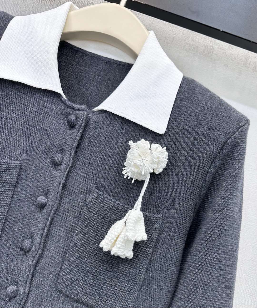 Self-Portrait Crochet-flower Collared Dress Grey Cotton and Wool 341871