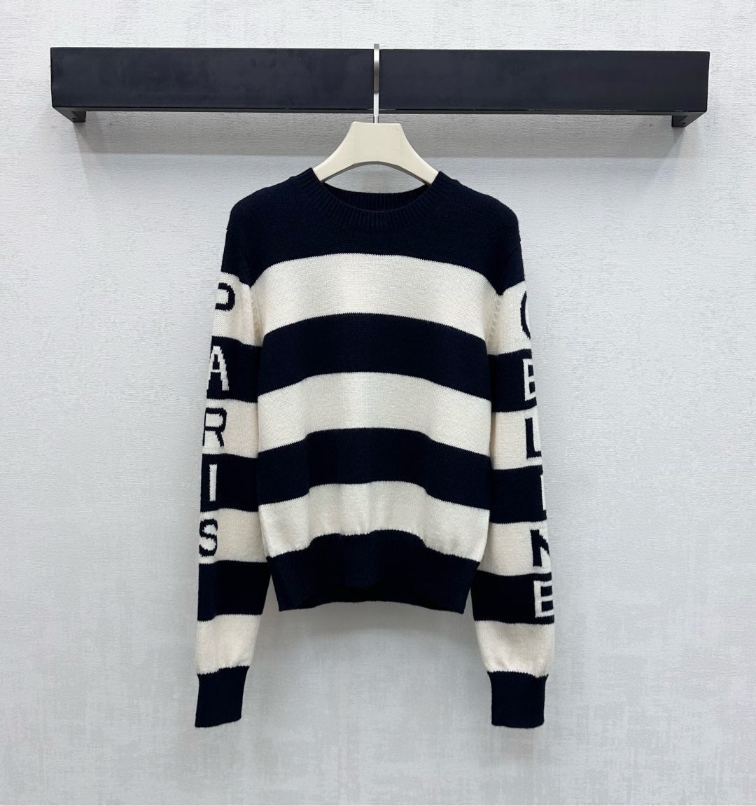 Celine Crewneck Pullover Sweater Black Mix Cream Wool and Cashmere 341951