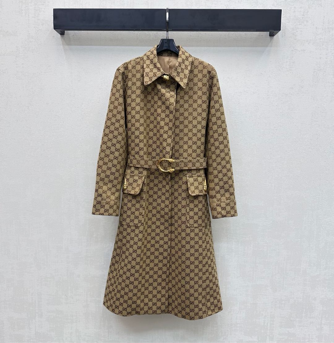 GG Jacquard Belt Trench Coat Cotton Canvas 342896