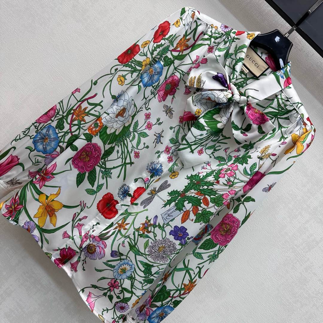 GG Printed Silk Twill Shirt White Multicolor Silk 349760