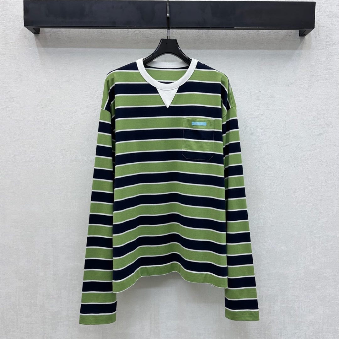 Prada Crew Neck Striped Block T-Shirt Blue Fern Green Cotton 350365