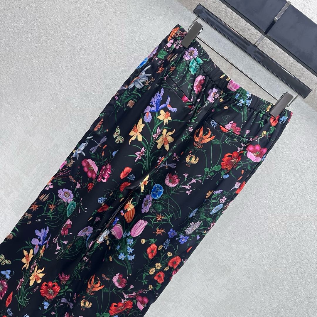 GG SS26 Printed Straight Leg Trousers Black Multicolor Silk 351694