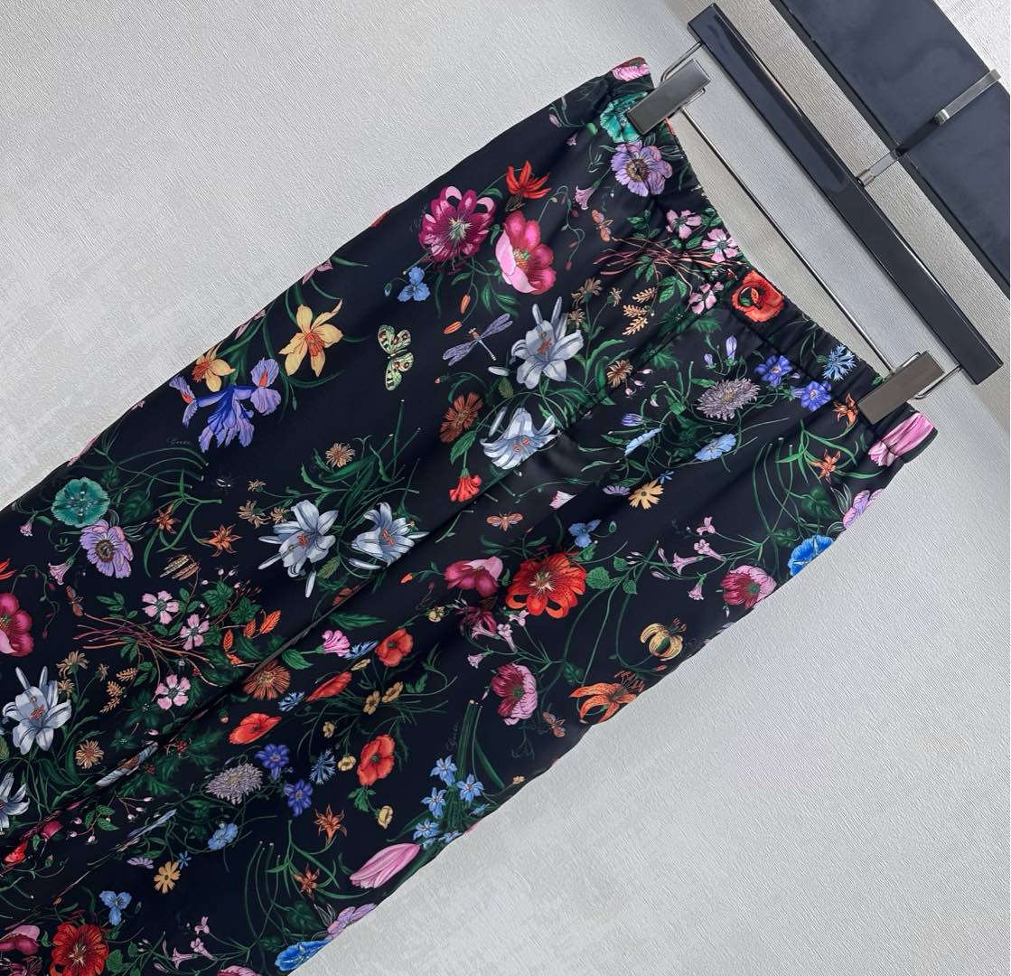 GG SS26 Printed Straight Leg Trousers Black Multicolor Silk 351694