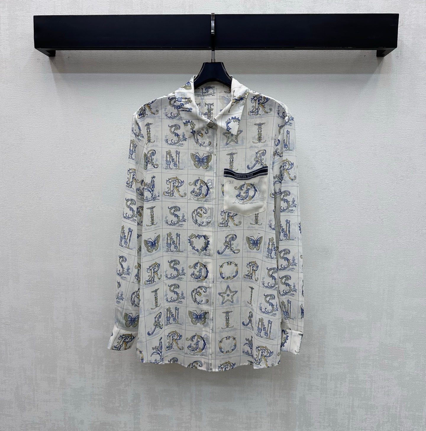 CD 26s Monogrammed Long-Sleeved Shirt White Navy Blue Polyester Fiber
