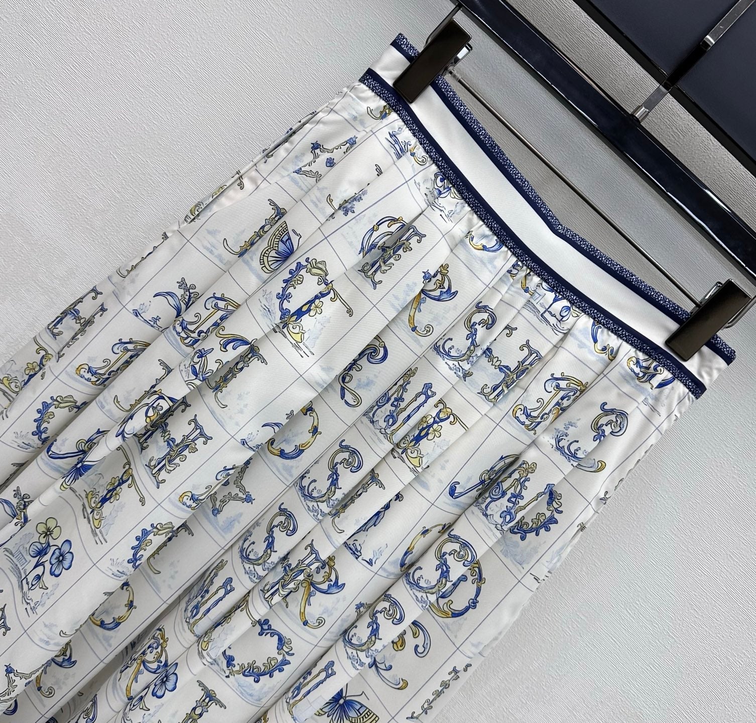 CD 26s Monogrammed Midi Skirt White Navy Blue Polyester Fiber
