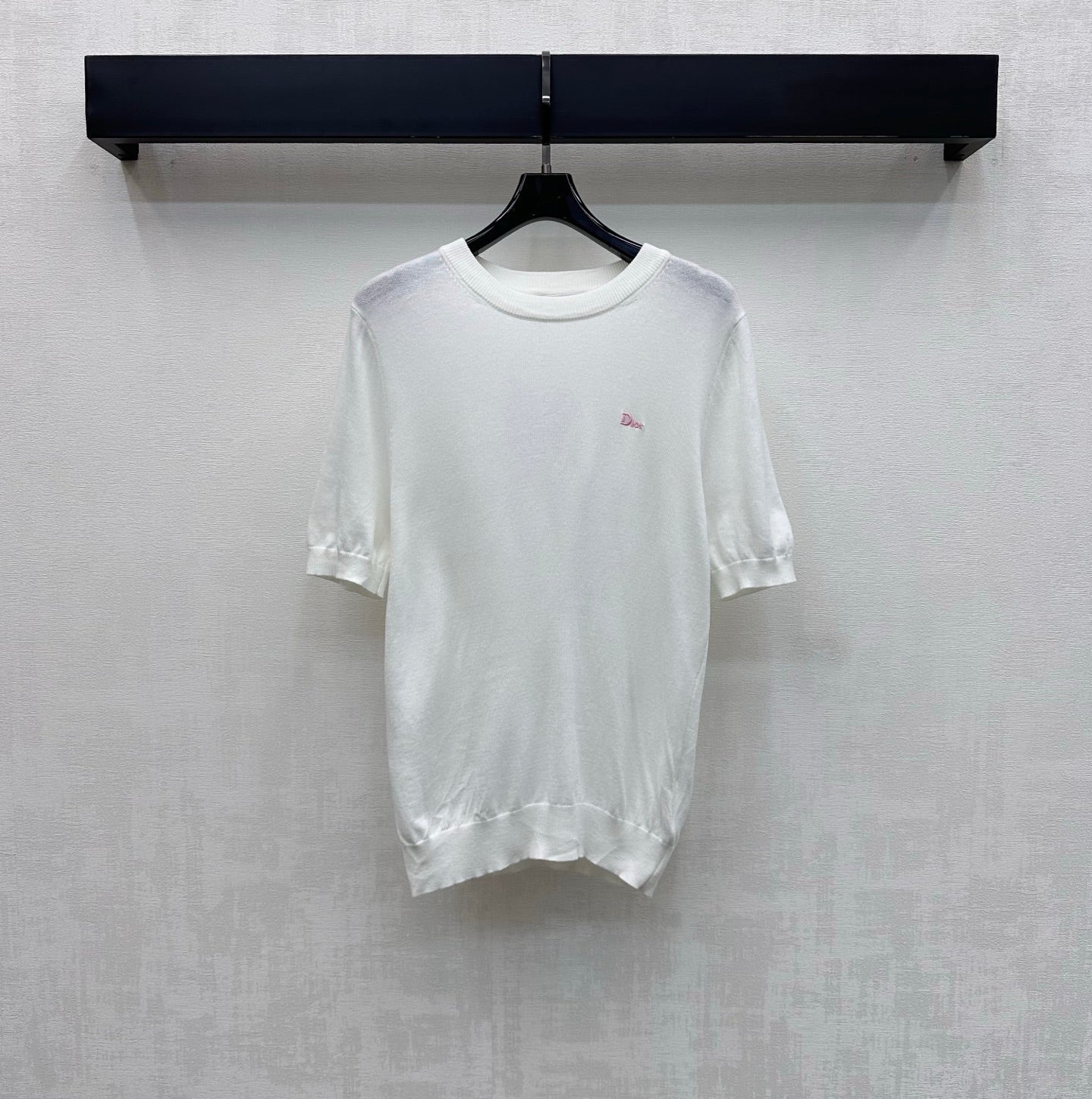 CD Letter Embroidery Short-Sleeve Knit Top White Wool 378372