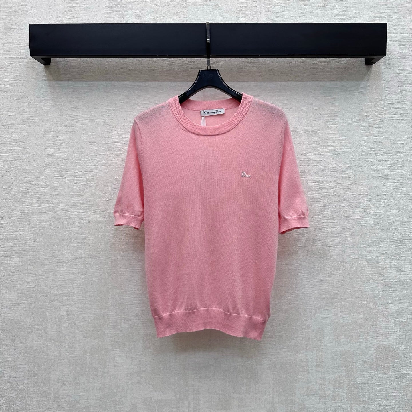 CD Letter Embroidery Short-Sleeve Knit Top Pink Wool 378374