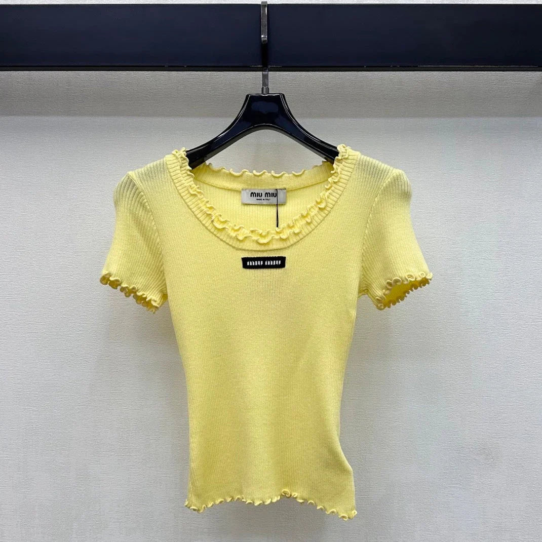 Miumiu 2026 Ruffled Short-Sleeve Knit Top Yellow Wool 447791