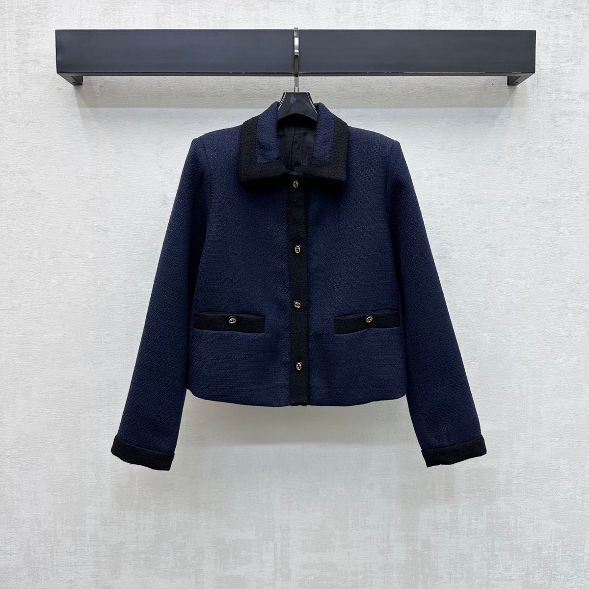 GC 26s Tweed Jacket Contrast Trim Gold Buttons Navy Blue Polyester Rayon 427681
