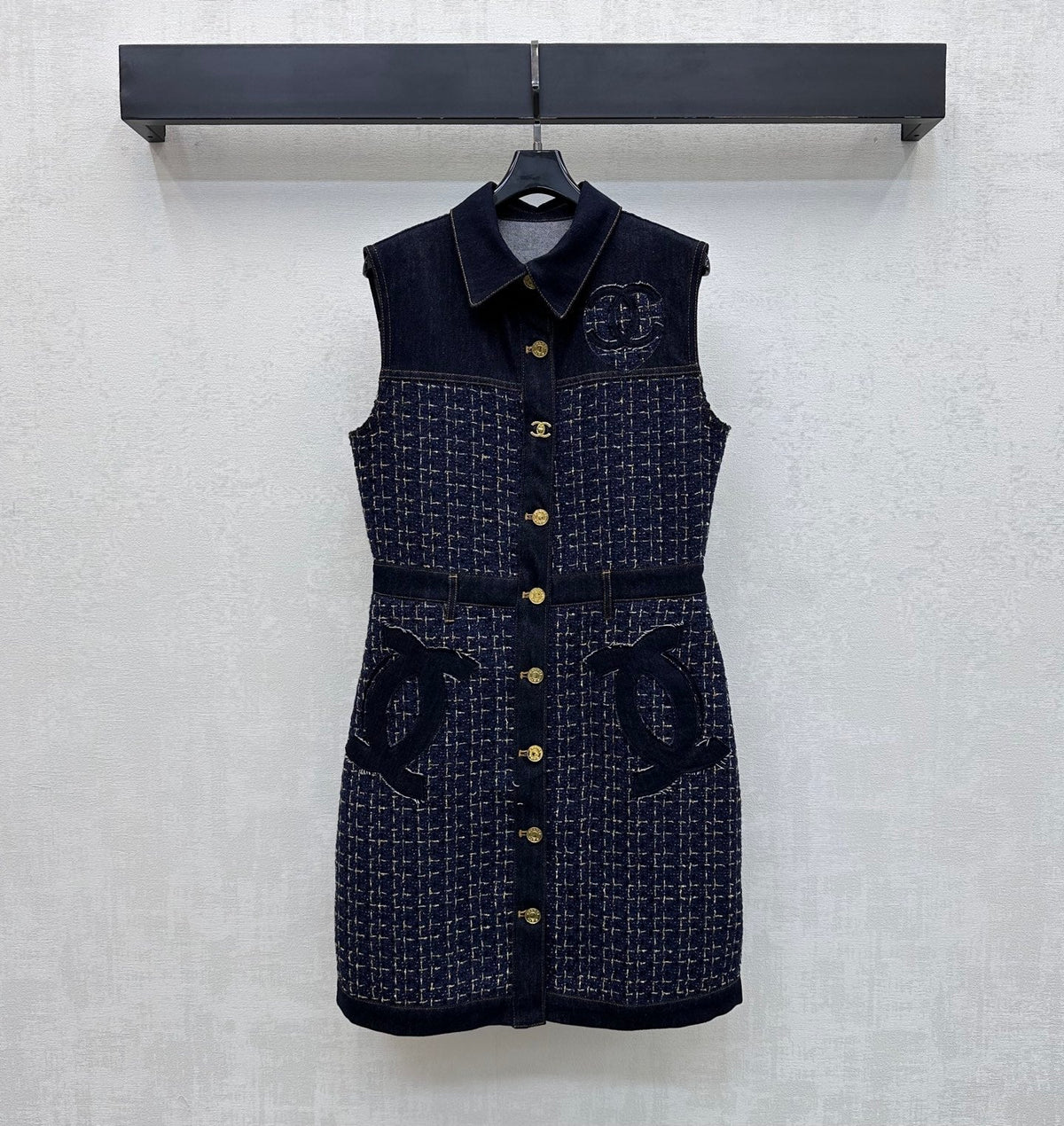 CC 26s Tweed Denim Vest Dress Gold Buttons Navy Blue Cotton 427694