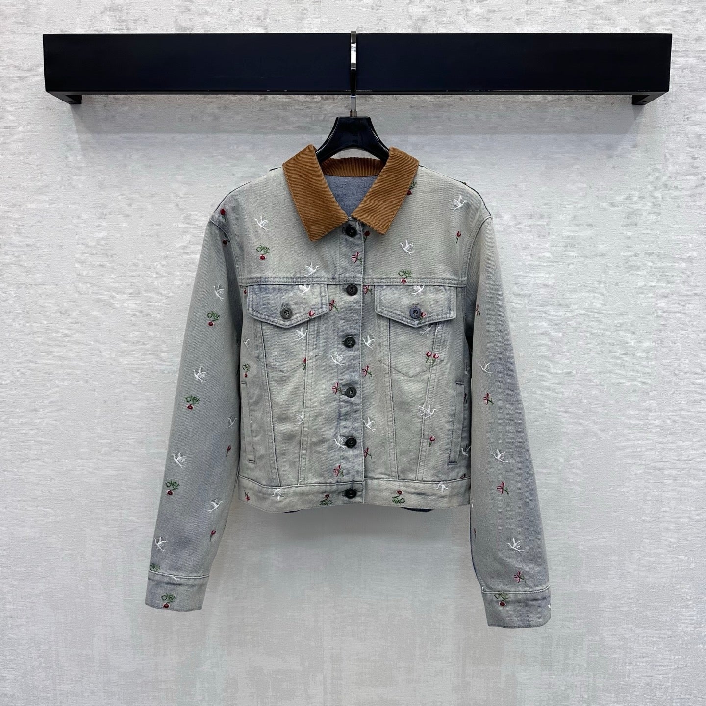 CD 26s Bird Floral Embroidered Denim Jacket Corduroy Collar Light Grey Cotton 427659