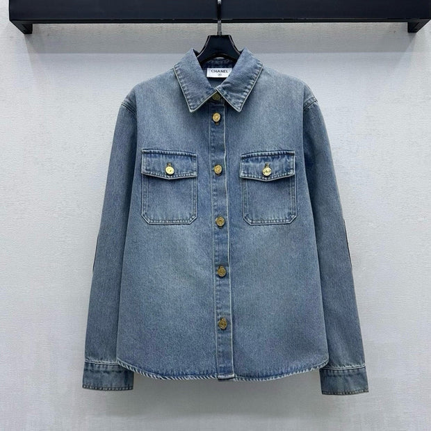 Chanel 2026 Checkered Denim Shirt with Sleeve Patches Light Blue Cotton 418505
