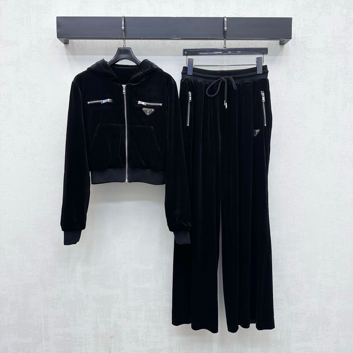 Prada Zip Up Hoodie Wide Leg Pants Set Black Velvet 434210