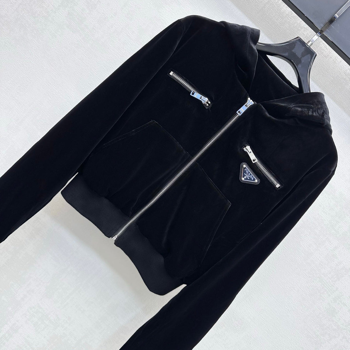 Prada Zip Up Hoodie Wide Leg Pants Set Black Velvet 434210