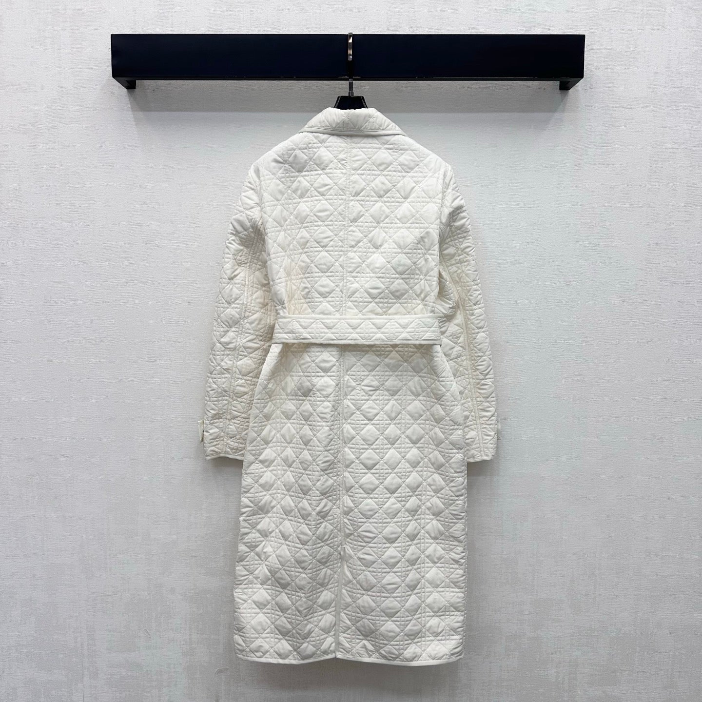CD 26s Cannage Quilted Long Coat Belted Black Buttons White Cotton 427530
