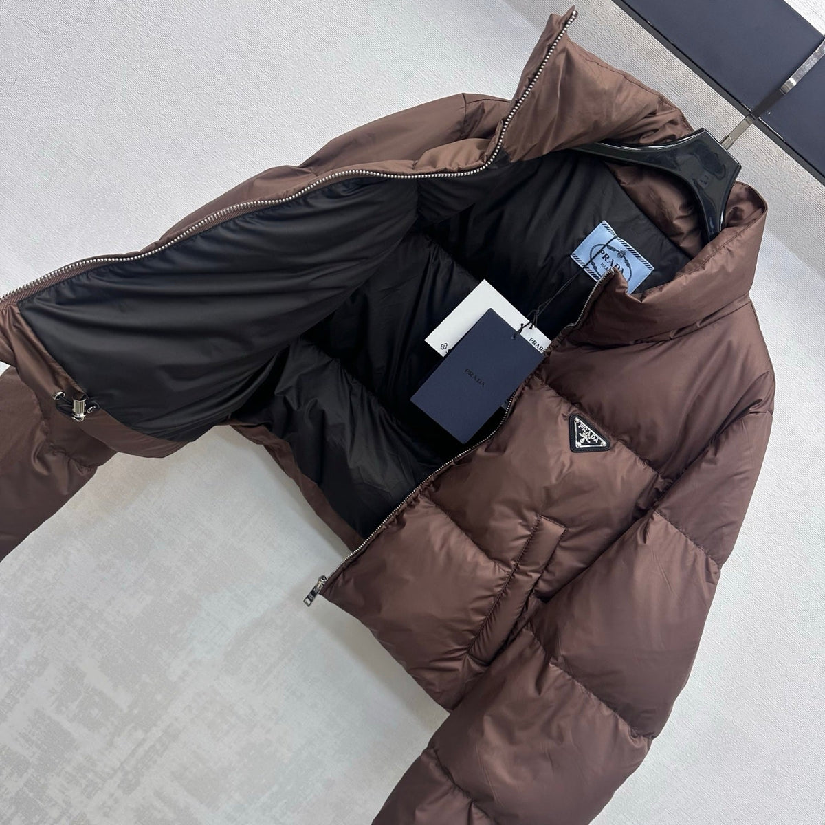 Prada Cropped Down Puffer Jacket Brown Polyester 434192