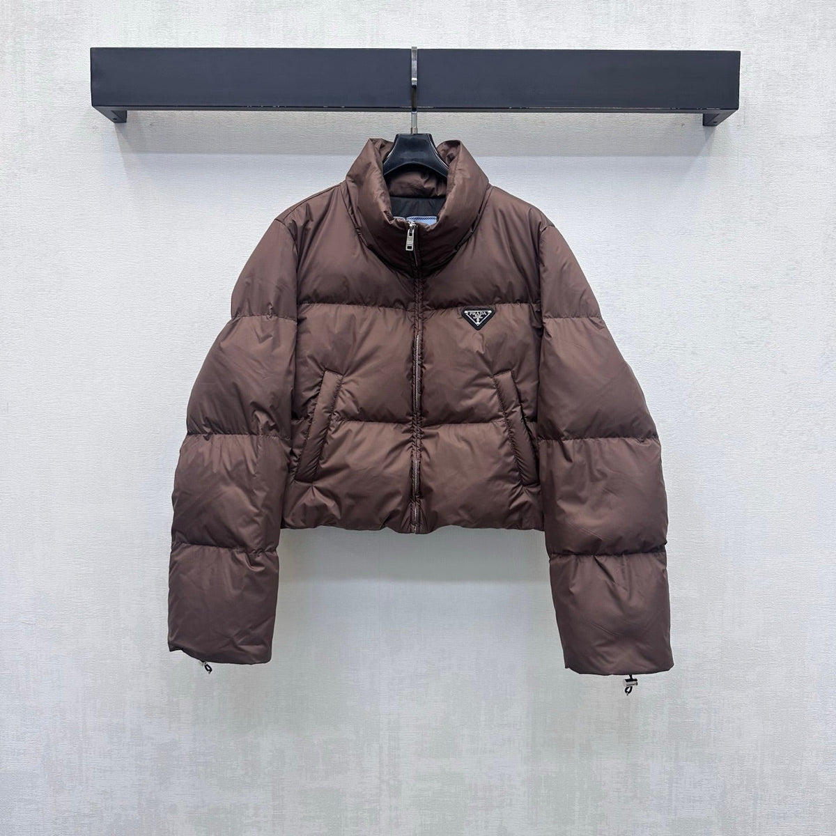 Prada Cropped Down Puffer Jacket Brown Polyester 434192