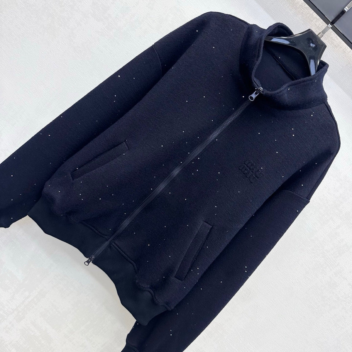 Miu Miu Zip Up Jacket Navy Glitter Wool Blend 434184