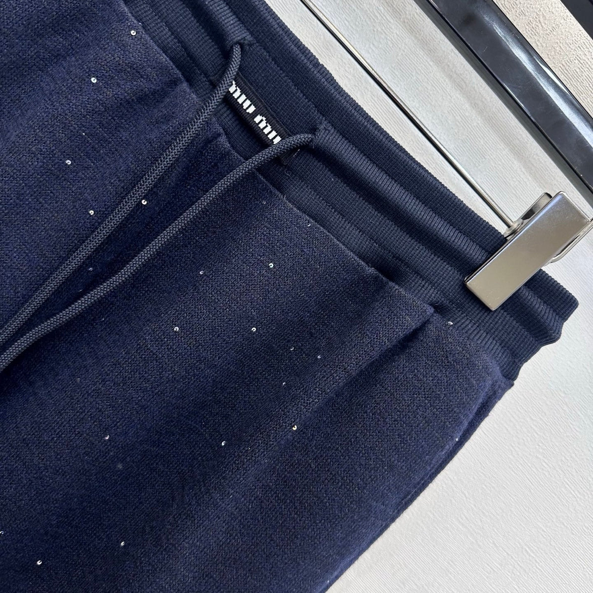 Miu Miu Wide Leg Pants Navy Glitter Wool Blend 434185