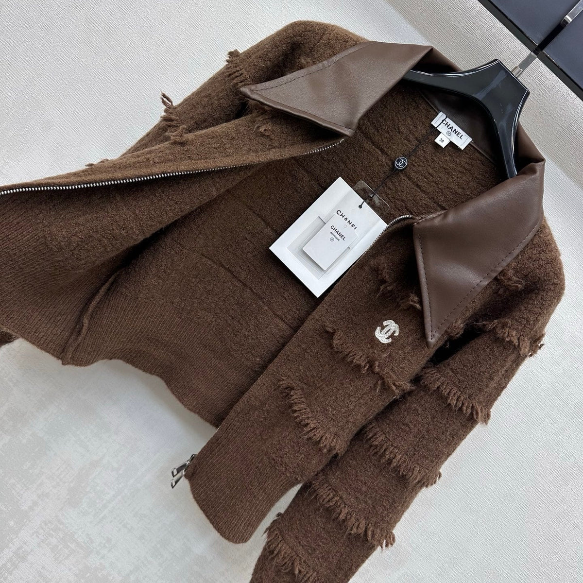 CC 26s Fringed Knit Zip Up Jacket Brown Wool Cashmere 434126
