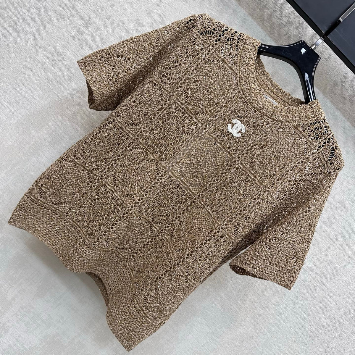 CC 26s Open Knit Short Sleeve Top Brown Wool Blend 434121