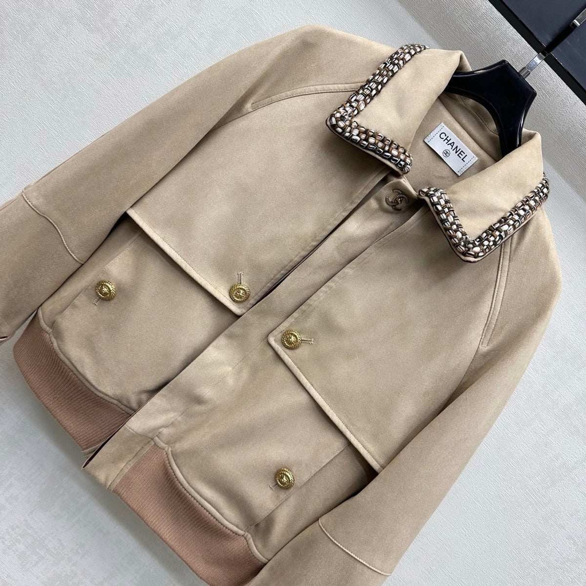Chanel 26S Suede Leather Bomber Jacket Beige 444429