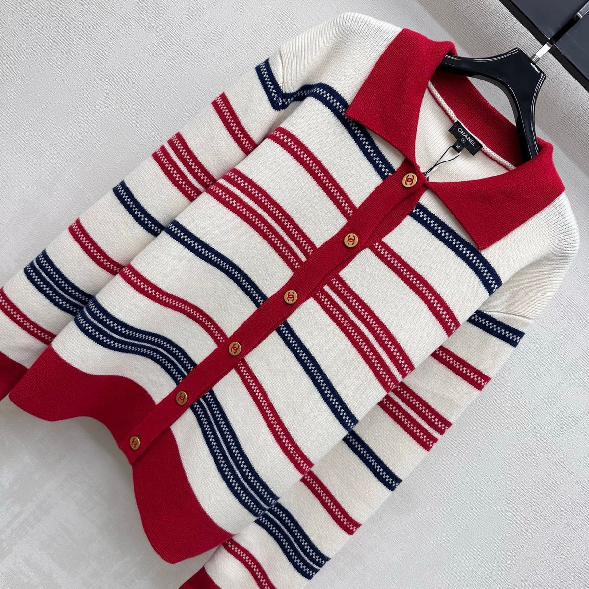 Chanel 26s Cardigan Red Striped Polo Knit 446476