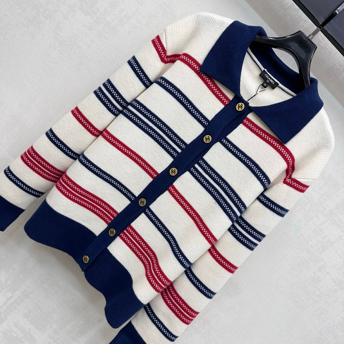 Chanel 26s Cardigan Navy Striped Polo Knit 446478