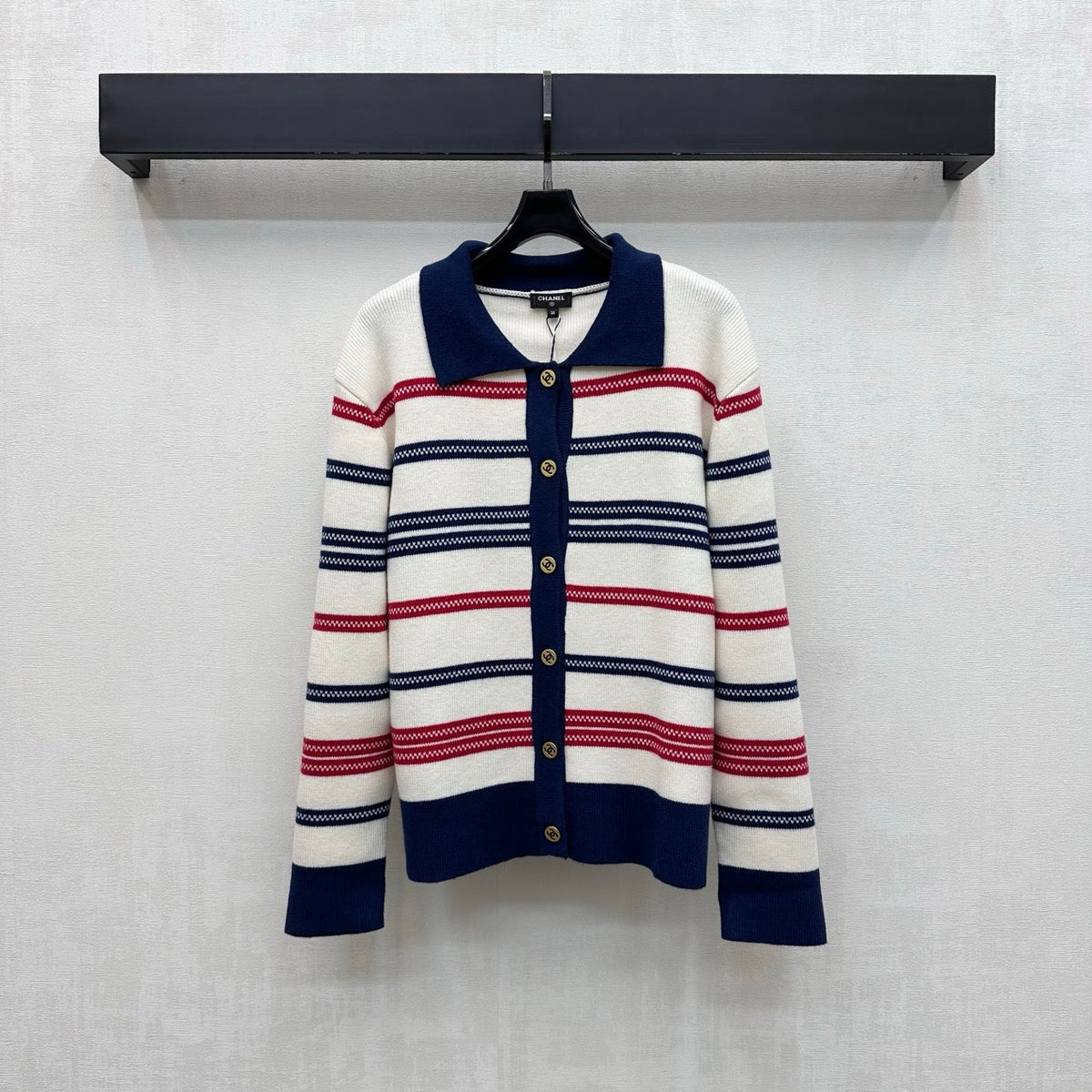 Chanel 26s Cardigan Navy Striped Polo Knit 446478