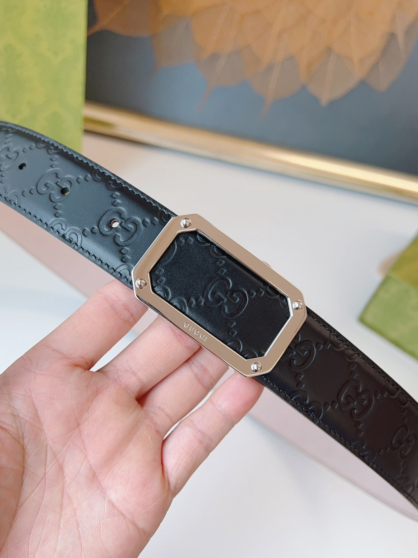 Gucci Signature Belt Sliver Buckle 35mm Black Embossed Leather