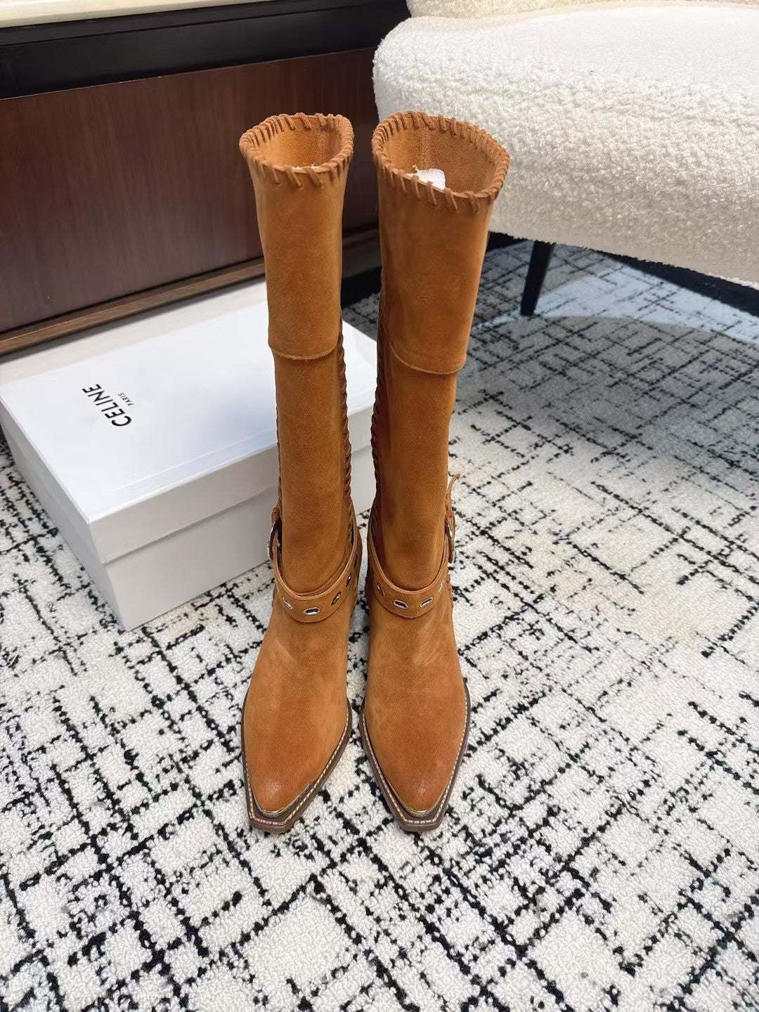 Celine 26S Western Buckle Jumping Boots 4.5cm Orange Brown Suede 118186