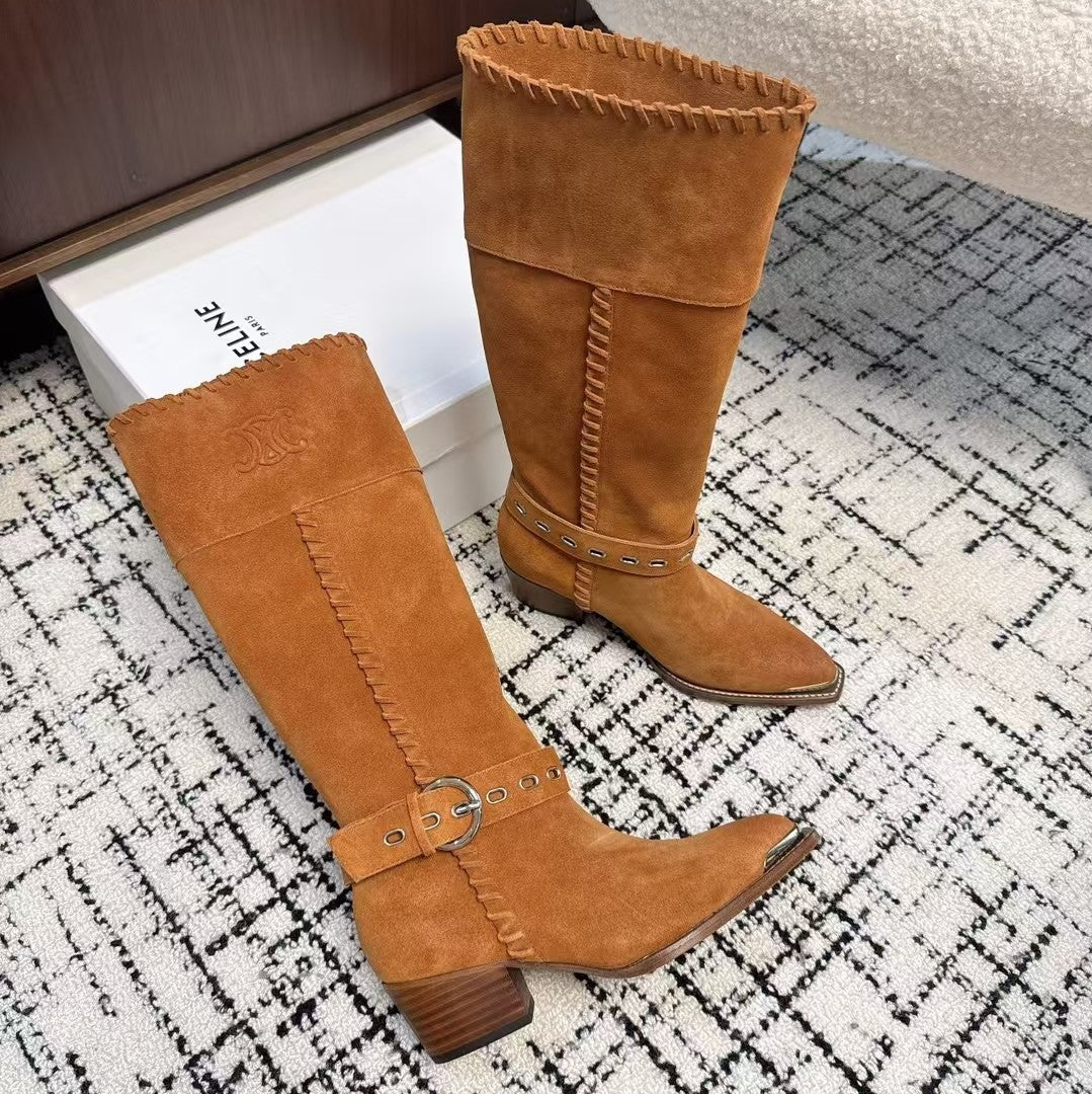 Celine 26S Western Buckle Jumping Boots 4.5cm Orange Brown Suede 118186