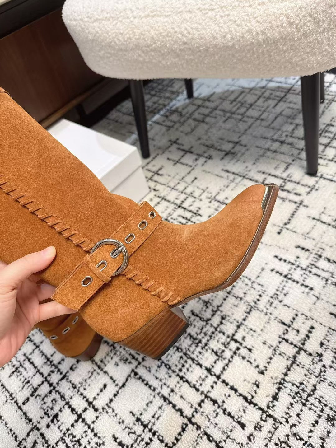 Celine 26S Western Buckle Jumping Boots 4.5cm Orange Brown Suede 118186