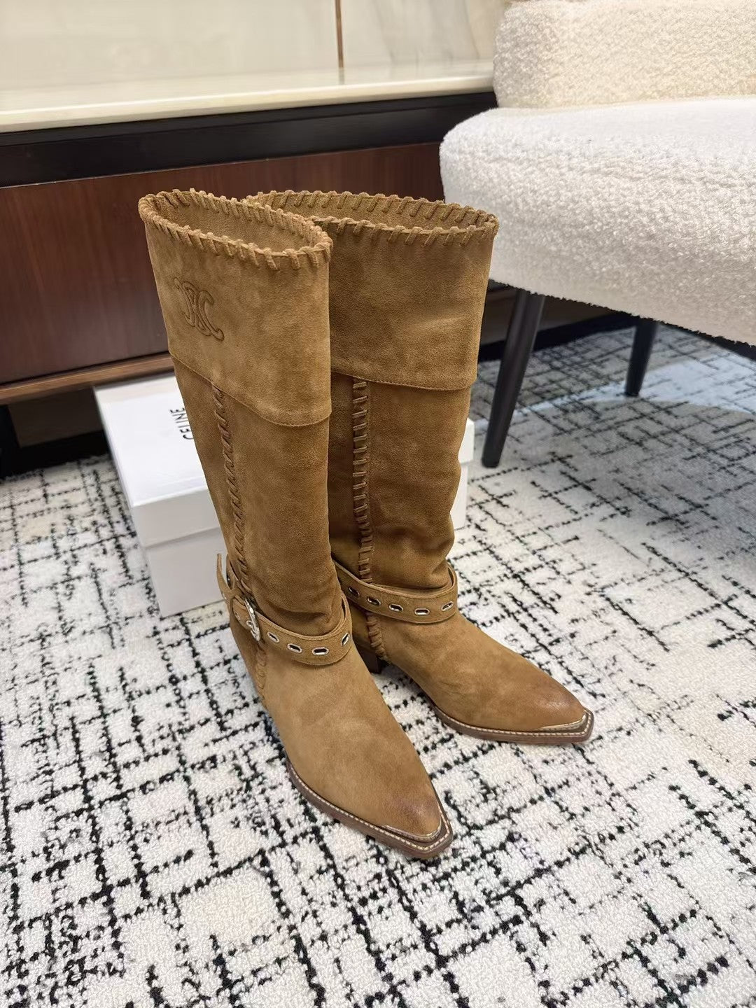 Celine 26S Western Buckle Jumping Boots 4.5cm Brown Suede 118187