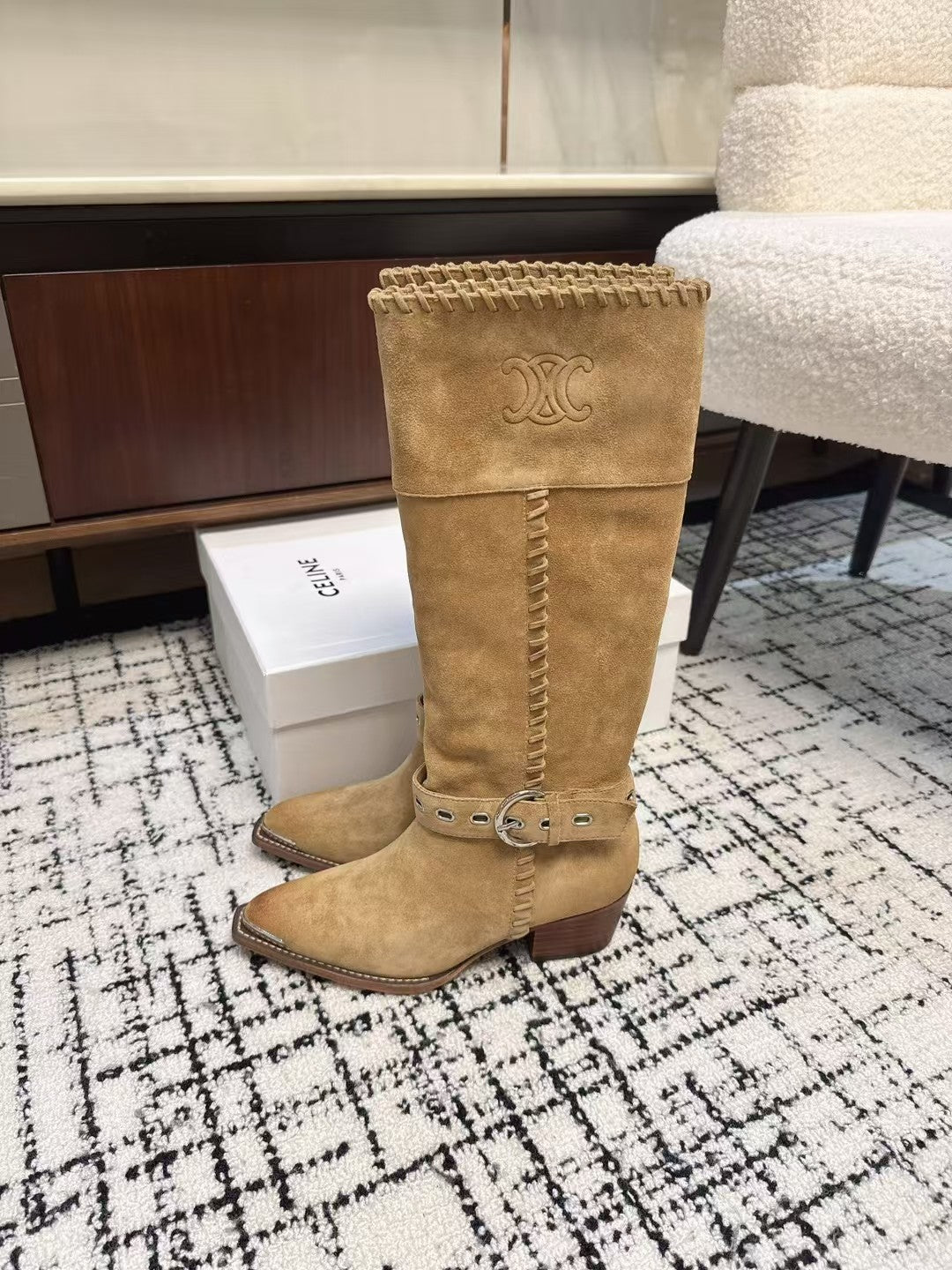 Celine 26S Western Buckle Jumping Boots 4.5cm Tan Suede 118188