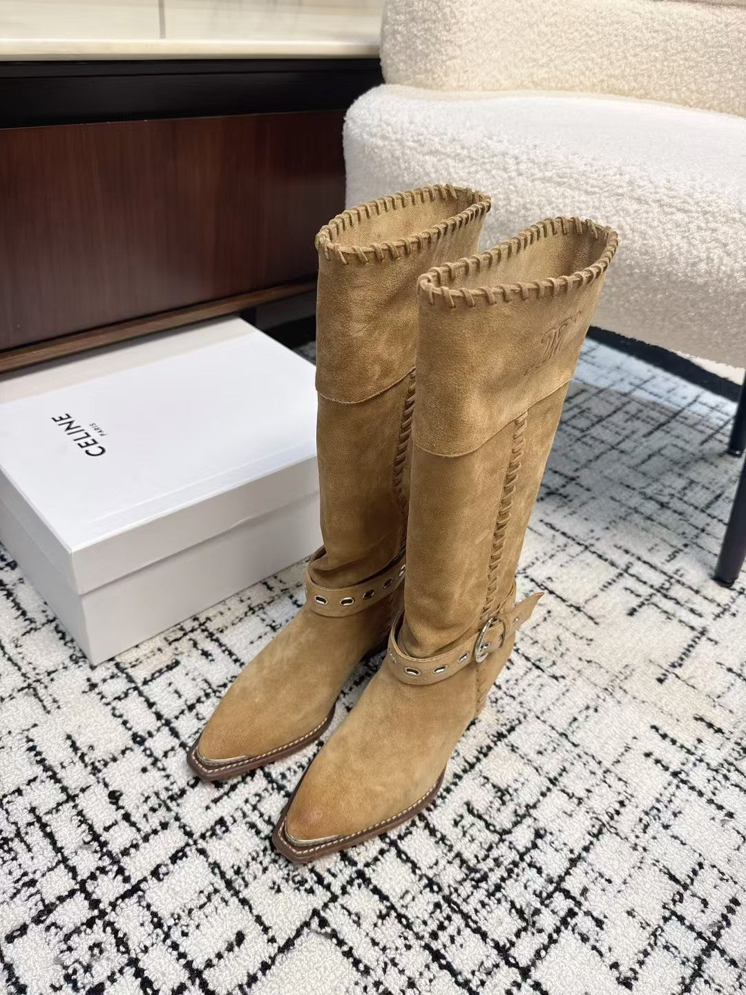 Celine 26S Western Buckle Jumping Boots 4.5cm Tan Suede 118188
