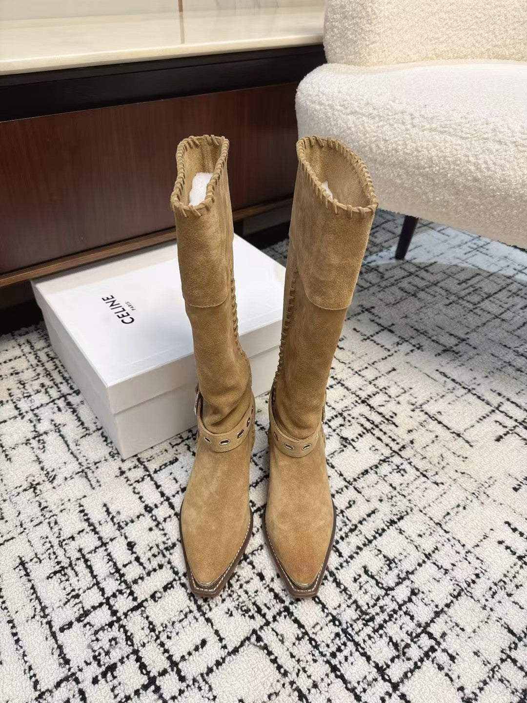 Celine 26S Western Buckle Jumping Boots 4.5cm Tan Suede 118188